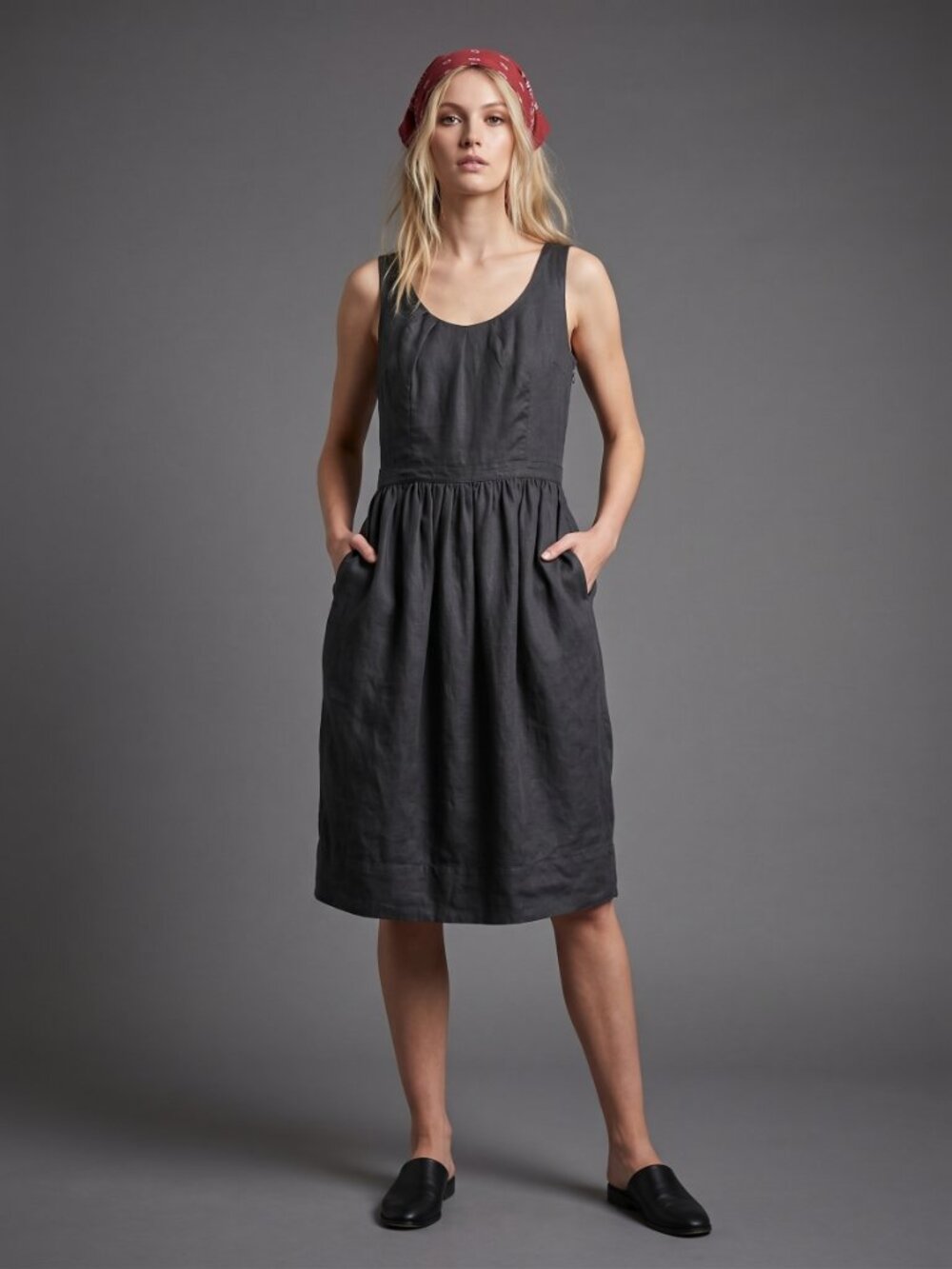 Linen Designer Black Dress Tulip Skirt Pockets Minimalist